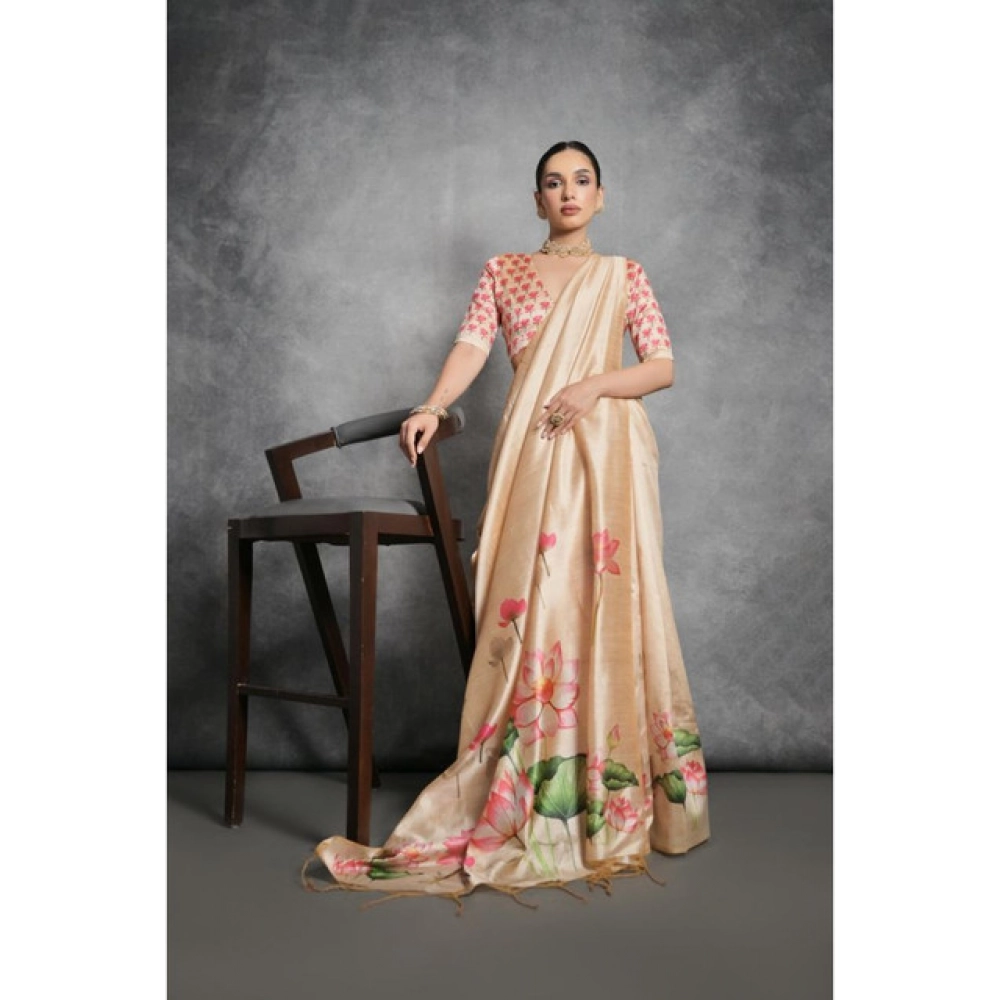 Women's Cotton Printed Saree With Unstitched Blouse 5.5 Mtr (Beige)