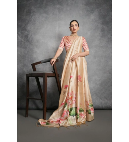 Women's Cotton Printed Saree With Unstitched Blouse 5.5 Mtr (Beige)