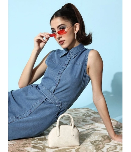 Women's Denim Solid Sleeveless Dress (Blue)