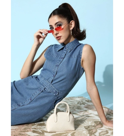 Women's Denim Solid Sleeveless Dress (Blue)
