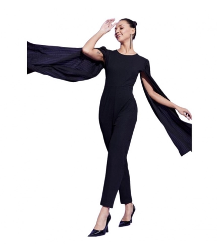 Women's Polyeter Solid Cape Sleeve Jumpsuit (Black)