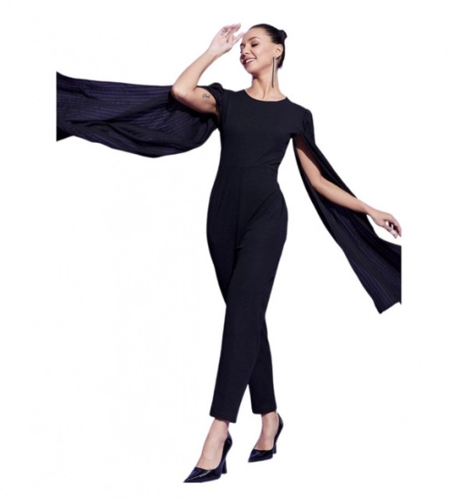 Women's Polyeter Solid Cape Sleeve Jumpsuit (Black)