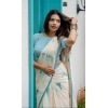Women's Linen Printed Saree With Unstitched Blouse 5.5Mtr (White)