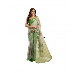 Women's Linen Cotton Printed Ready To Wear Saree With Unstitched Blouse 5.5 Mtr (Light_Green)