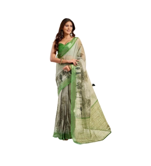 Women's Linen Cotton Printed Ready To Wear Saree With Unstitched Blouse 5.5 Mtr (Light_Green)