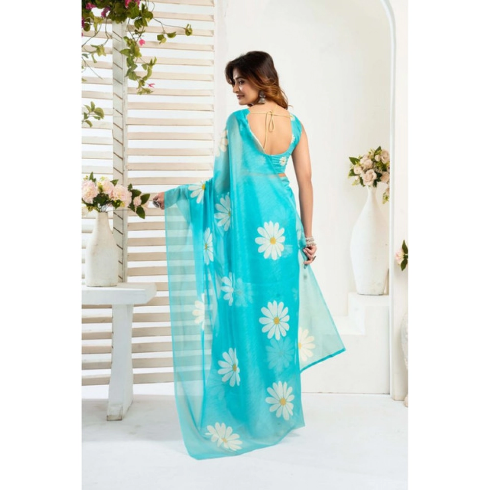 Women's Linen Cotton Printed Ready To Wear Saree With Unstitched Blouse 5.5 Mtr (Aqua_Blue) Women's Linen Cotton Printed Ready To Wear Saree With Unstitched Blouse 5.5 Mtr (Aqua_Blue)