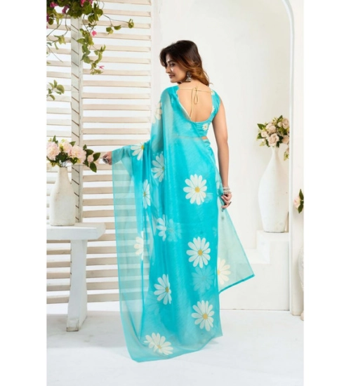 Women's Linen Cotton Printed Ready To Wear Saree With Unstitched Blouse 5.5 Mtr (Aqua_Blue)
