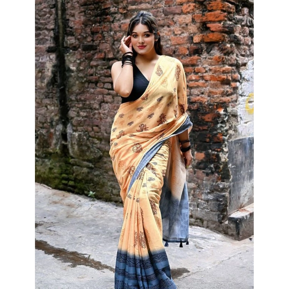 Women's Linen Printed Saree With Unstitched Blouse 5.5Mtr (Peach) Women's Linen Printed Saree With Unstitched Blouse 5.5Mtr (Peach)