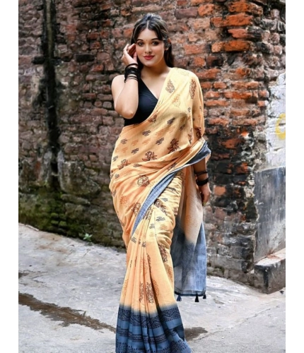 Women's Linen Printed Saree With Unstitched Blouse 5.5Mtr (Peach)