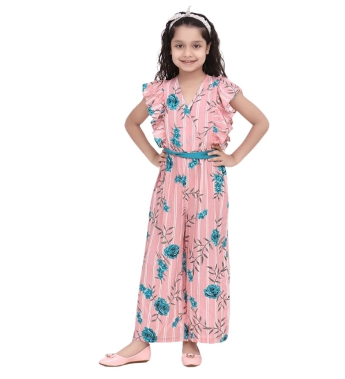 Girl's Rayon Floral Flutter Jumpsuit (Pink-Blue) Girl's Rayon Floral Flutter Jumpsuit (Pink-Blue)