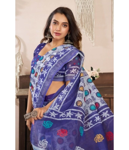 Women's Faux Linen Geometric Print Ready to wear Saree With Unstitched Blouse 5.5Mtr (Blue)