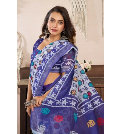 Women's Faux Linen Geometric Print Ready to wear Saree With Unstitched Blouse 5.5Mtr (Blue)