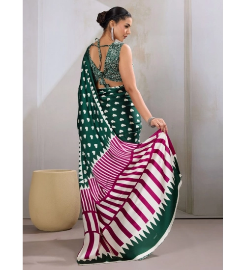Women's Satin Crepe Printed Saree With Unstitched Blouse 5.5Mtr (Bottle Green)