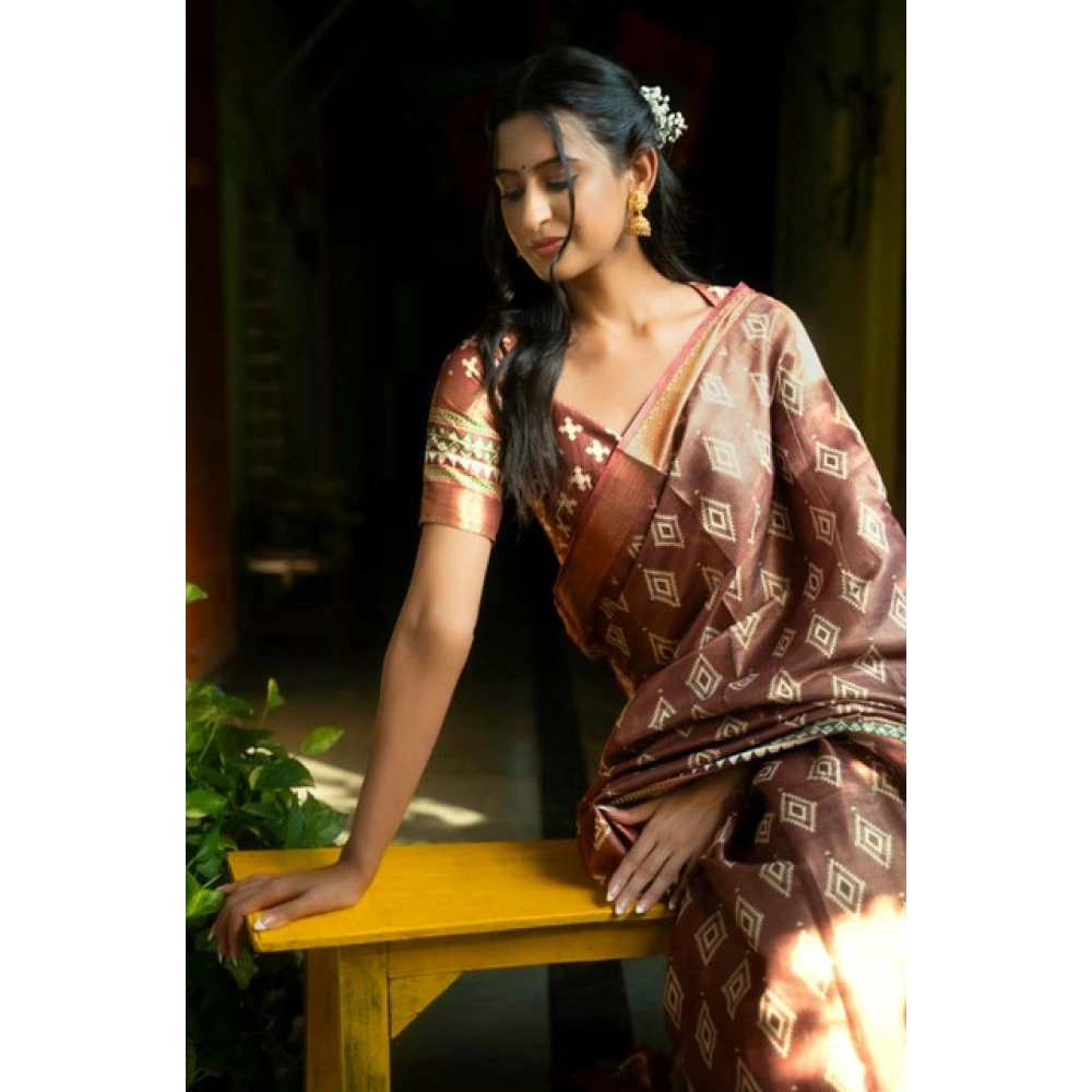 Women's Polyester Printed Saree With Unstitched Blouse 5.5 Mtr (Maroon)