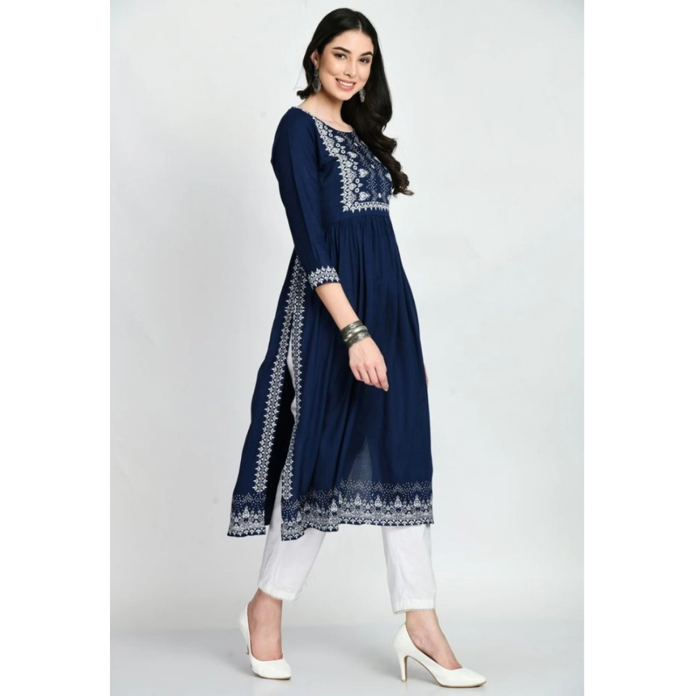 Women's Casual Rayon 3-4th Sleeves Kurti (Blue)