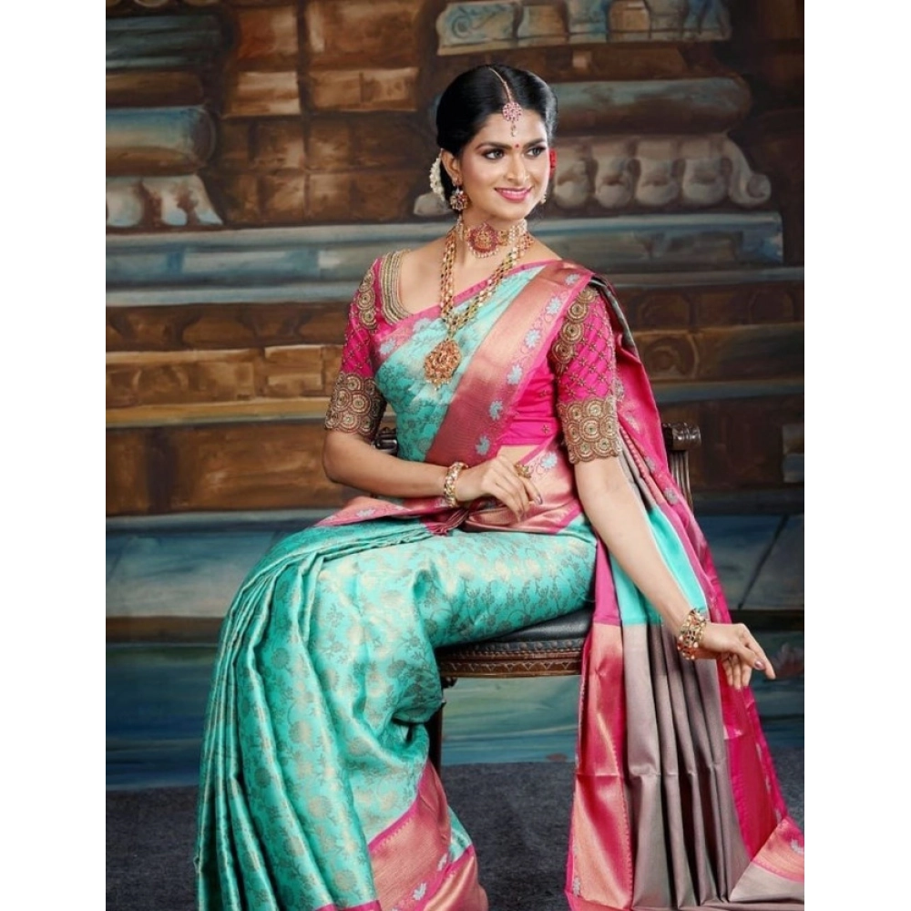 Women's Litchi silk Printed Saree With Unstitched Blouse (Turquise Blue) Women's Litchi silk Printed Saree With Unstitched Blouse (Turquise Blue)