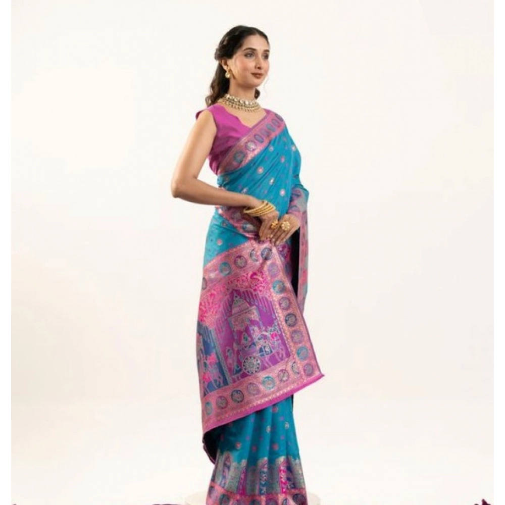Women's Faux_Banarasi Woven Motifs Saree With Unstitched Blouse 5.5Mtr (Teal)