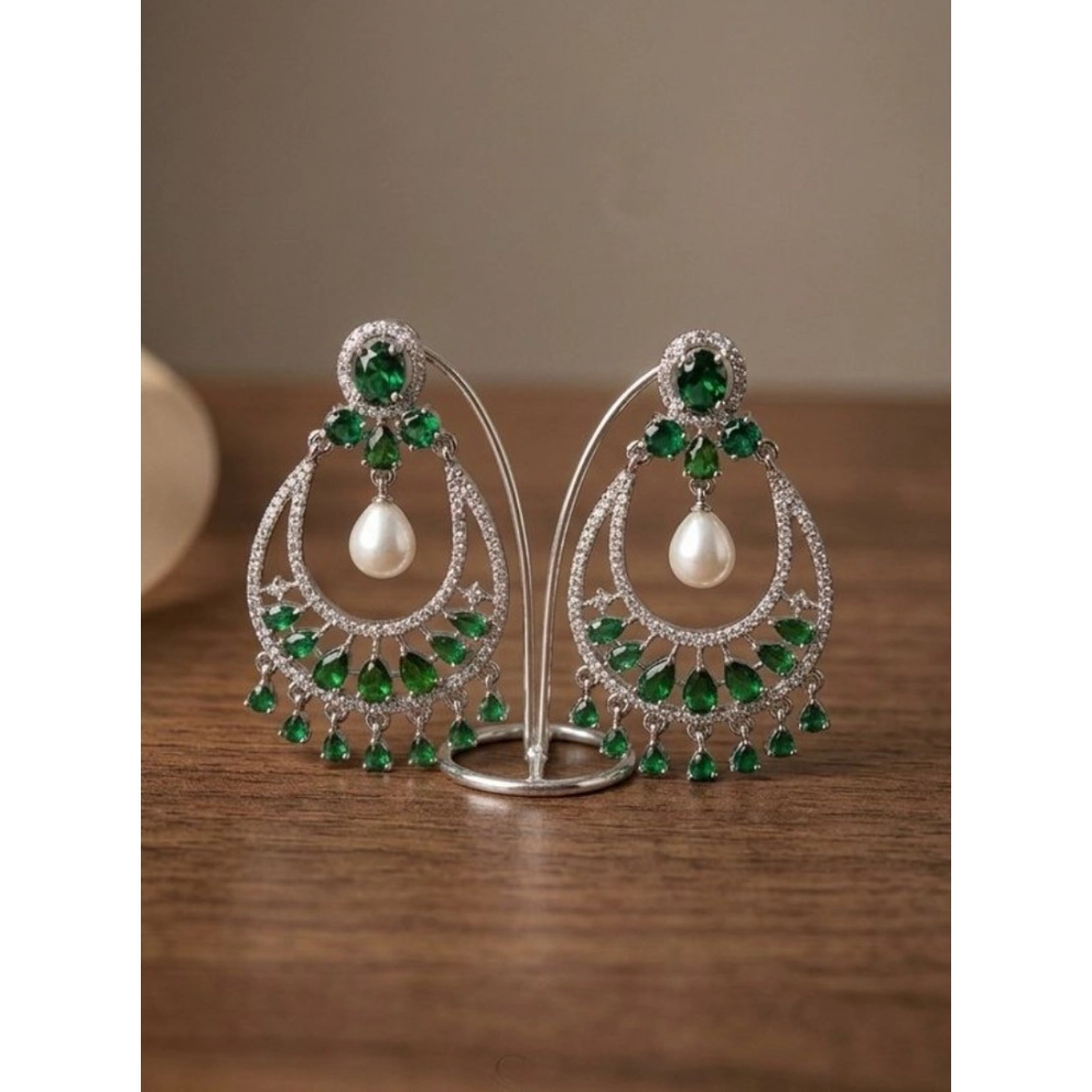 Women's Brass Silver Plated Chandbali Earrings (Green) Women's Brass Silver Plated Chandbali Earrings (Green)