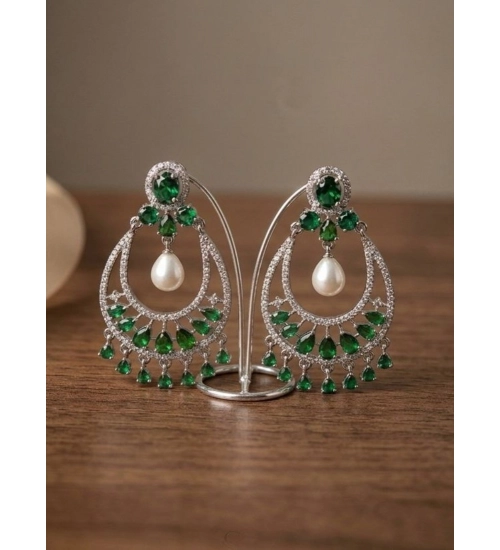Women's Brass Silver Plated Chandbali Earrings (Green)