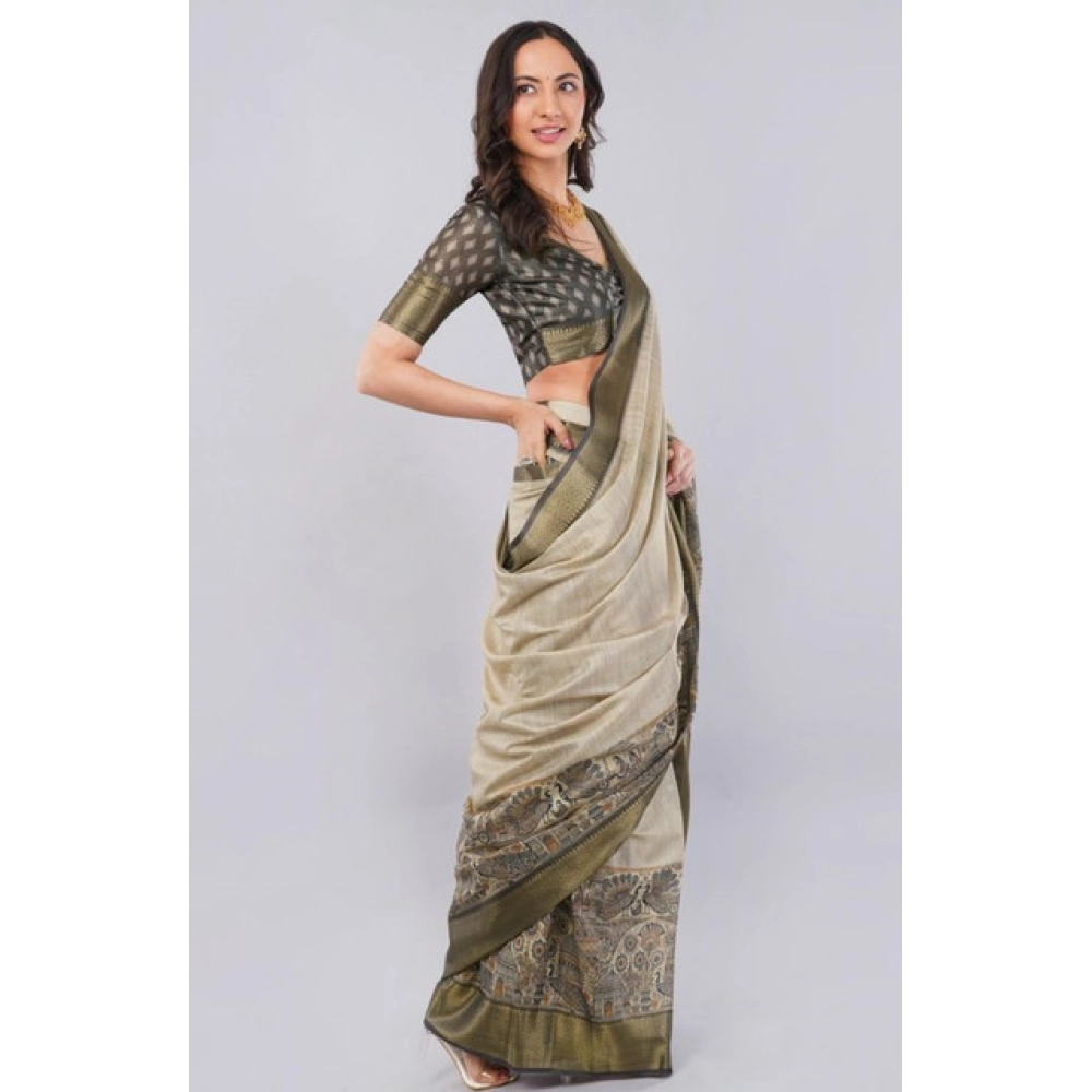 Women's Polyester Printed Ready To Wear Saree With Unstitched Blouse 5.5 Mtr (Beige)