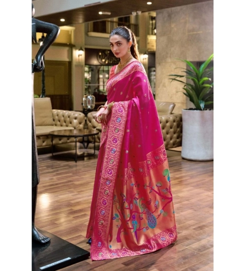 Women's Silk Blend Paithani Weaving Saree With Unstitched Blouse 5.5Mtr (Pink)