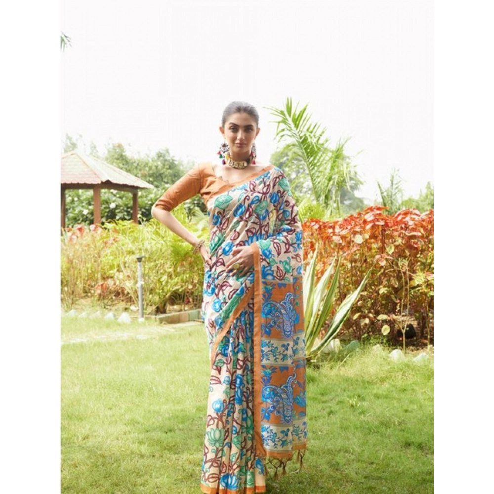 Women's Faux_Tussar Kalamkari_Print Saree With Unstitched Blouse 5.5Mtr (Brown) Women's Faux_Tussar Kalamkari_Print Saree With Unstitched Blouse 5.5Mtr (Brown)