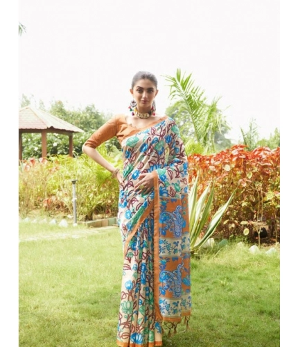 Women's Faux_Tussar Kalamkari_Print Saree With Unstitched Blouse 5.5Mtr (Brown)