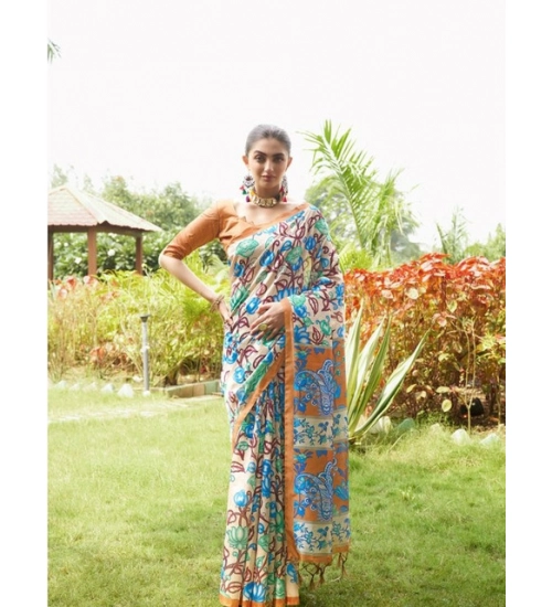 Women's Faux_Tussar Kalamkari_Print Saree With Unstitched Blouse 5.5Mtr (Brown)