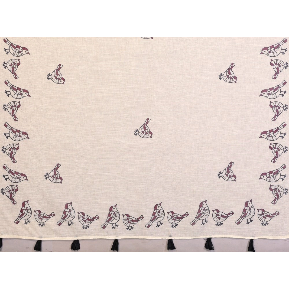 Women's Linen Cotton Printed Saree With Unstitched Blouse 5.5Mtr (Off White)