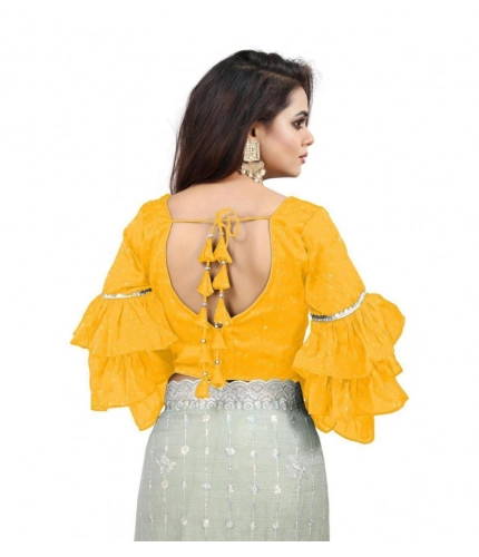 Women's Organza Solid V Neck Layered Ruffle Sleeve Readymade Blouse (Yellow Free Size , up to 38–40 Bust)-PID65860