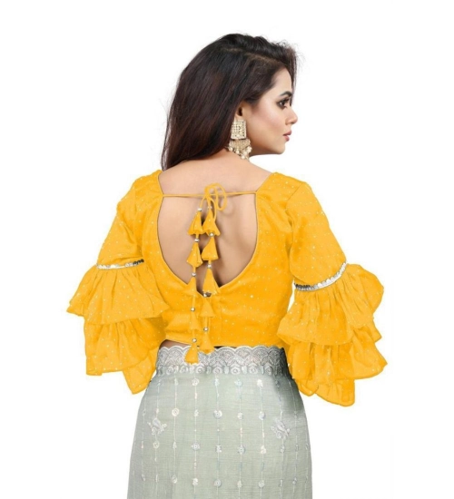 Women's Organza Solid V Neck Layered Ruffle Sleeve Readymade Blouse (Yellow Free Size , up to 38–40 Bust)-PID65860