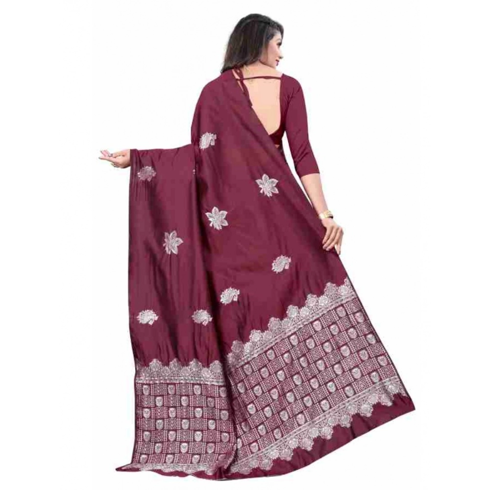 Women's Soft Lichi Silk Printed Saree With Unstitched Blouse 5.5Mtr (Wine)