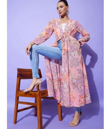 Women's Polyester Floral Long Sleeves Shrug (Peach)