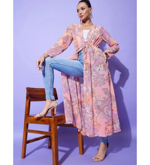 Women's Polyester Floral Long Sleeves Shrug (Peach)