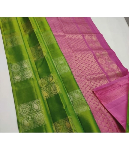 Women's Litchi silk Printed Saree With Unstitched Blouse (Green With Pink)