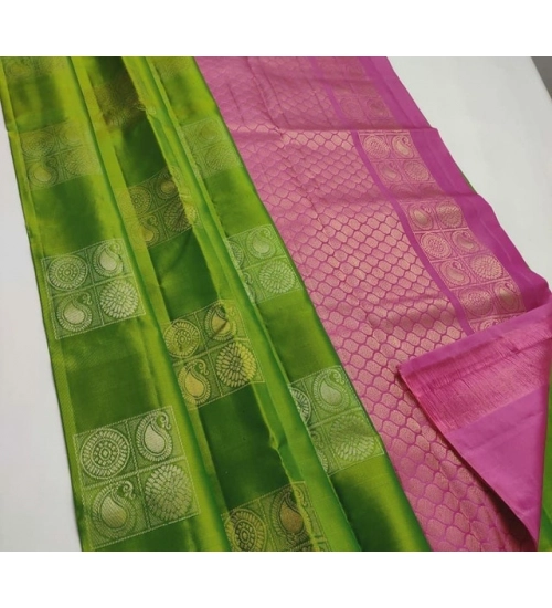 Women's Litchi silk Printed Saree With Unstitched Blouse (Green With Pink)