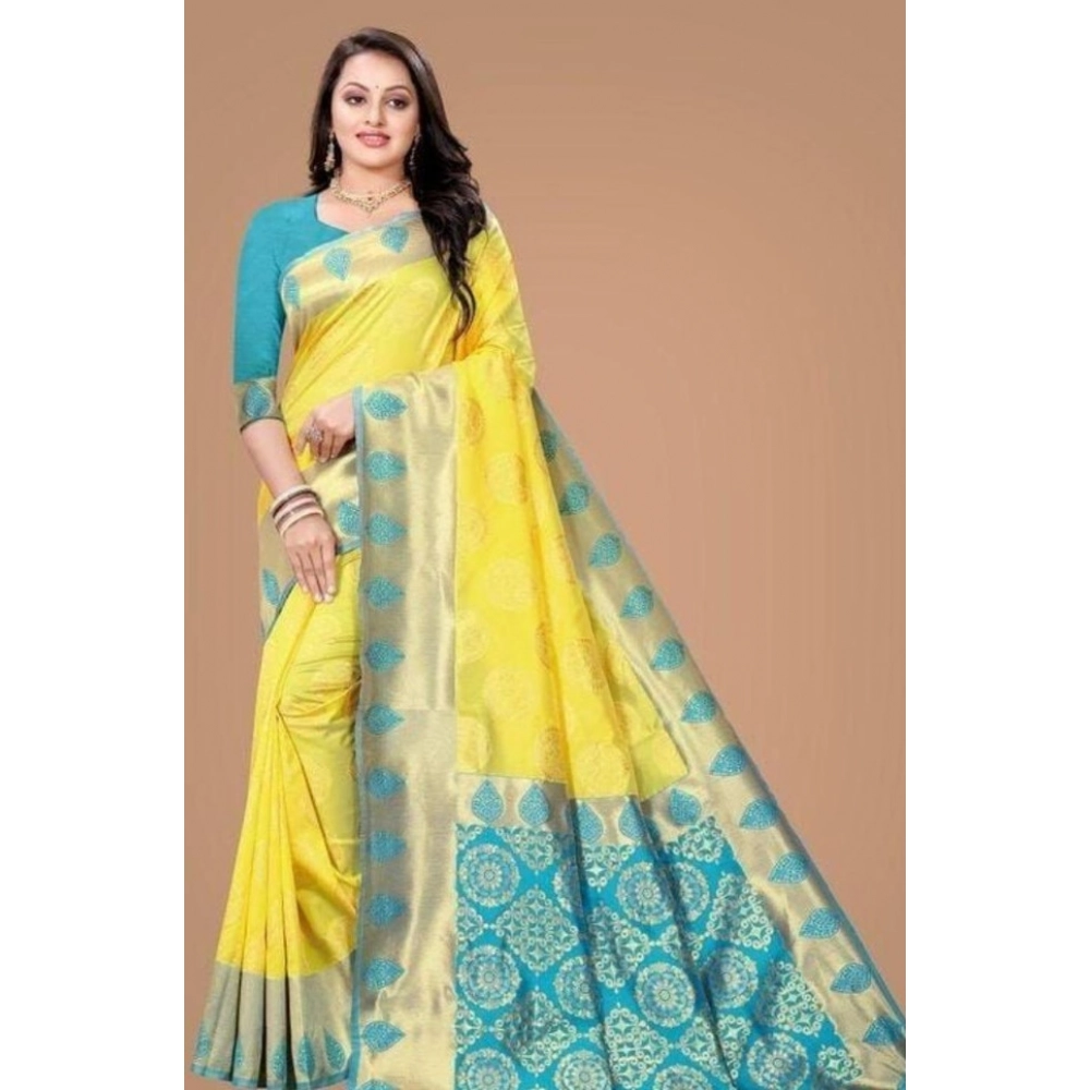 Women's Litchi silk Printed Saree With Unstitched Blouse (Yellow) Women's Litchi silk Printed Saree With Unstitched Blouse (Yellow)