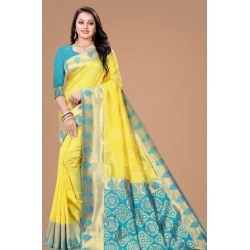 Women's Litchi silk Printed Saree With Unstitched Blouse (Yellow)