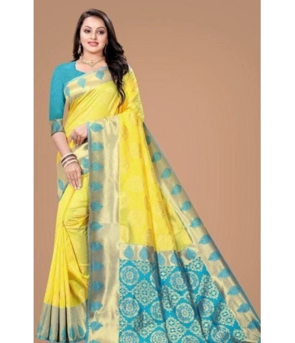 Women's Litchi silk Printed Saree With Unstitched Blouse (Yellow)