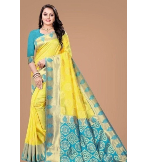 Women's Litchi silk Printed Saree With Unstitched Blouse (Yellow)