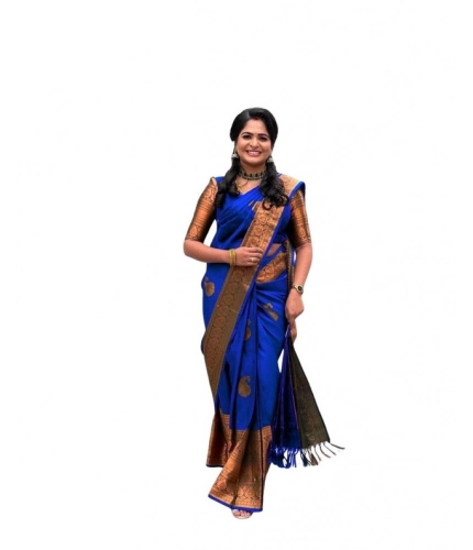 Women's Soft Lichi Silk Printed Saree With Unstitched Blouse 5.5Mtr (Navy-Blue)