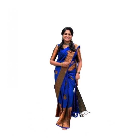 Women's Soft Lichi Silk Printed Saree With Unstitched Blouse 5.5Mtr (Navy-Blue)