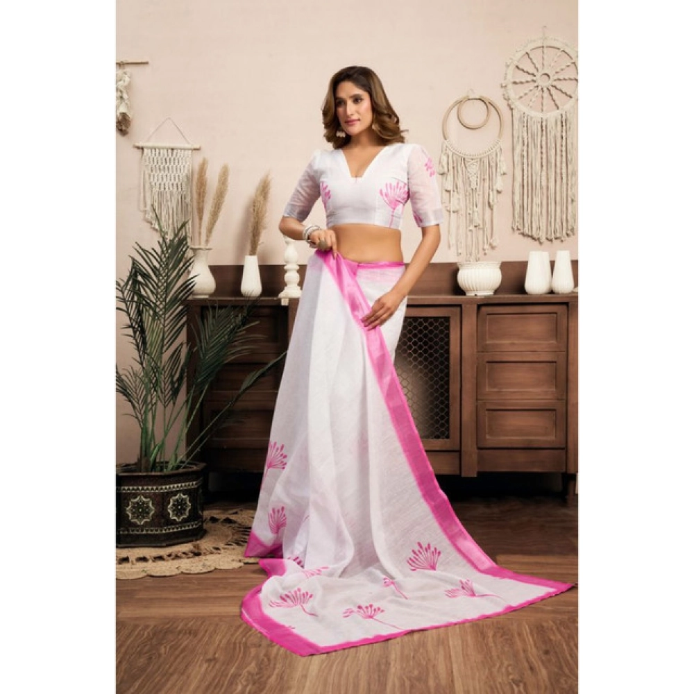 Women's Linen Cotton Printed Ready To Wear Saree With Unstitched Blouse 5.5 Mtr (Light_White)