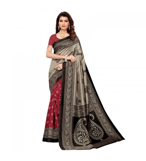 Women's Litchi silk Printed Saree With Unstitched Blouse  5-6 Mtrs (Red)