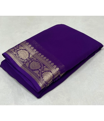 Women's Crepe Chit Pallu Solid Saree With Unstitched Blouse 5.5Mtr (Dark Purple)