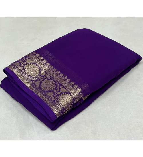 Women's Crepe Chit Pallu Solid Saree With Unstitched Blouse 5.5Mtr (Dark Purple)
