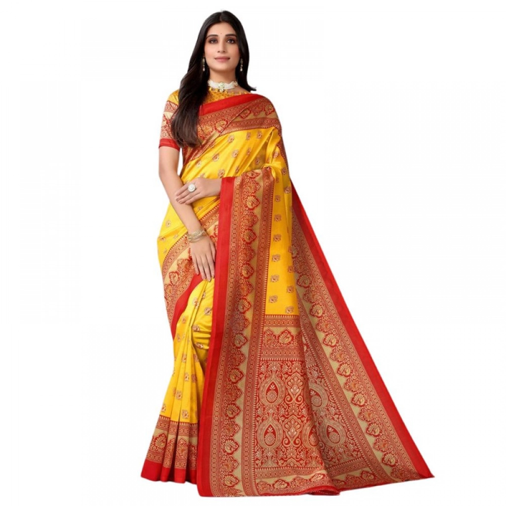 Women's Litchi silk Printed Saree With Unstitched Blouse 5-6 Mtrs (Yellow) Women's Litchi silk Printed Saree With Unstitched Blouse 5-6 Mtrs (Yellow)