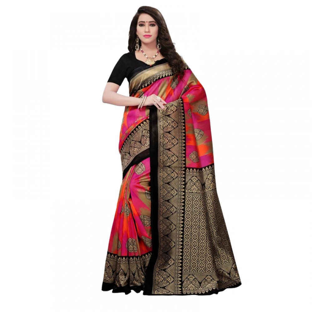 Women's Litchi silk Printed Saree With Unstitched Blouse 5-6 Mtrs (Pink) Women's Litchi silk Printed Saree With Unstitched Blouse 5-6 Mtrs (Pink)