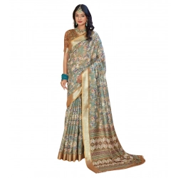Women's Printed Cotton Linen Saree withPrinted  Saree With Unstitched Blouse (Green, 5-6Mtrs)