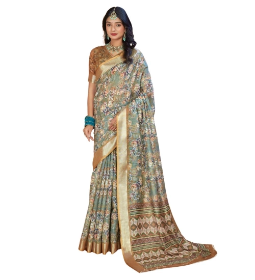 Women's Printed Cotton Linen Saree withPrinted  Saree With Unstitched Blouse (Green, 5-6Mtrs)